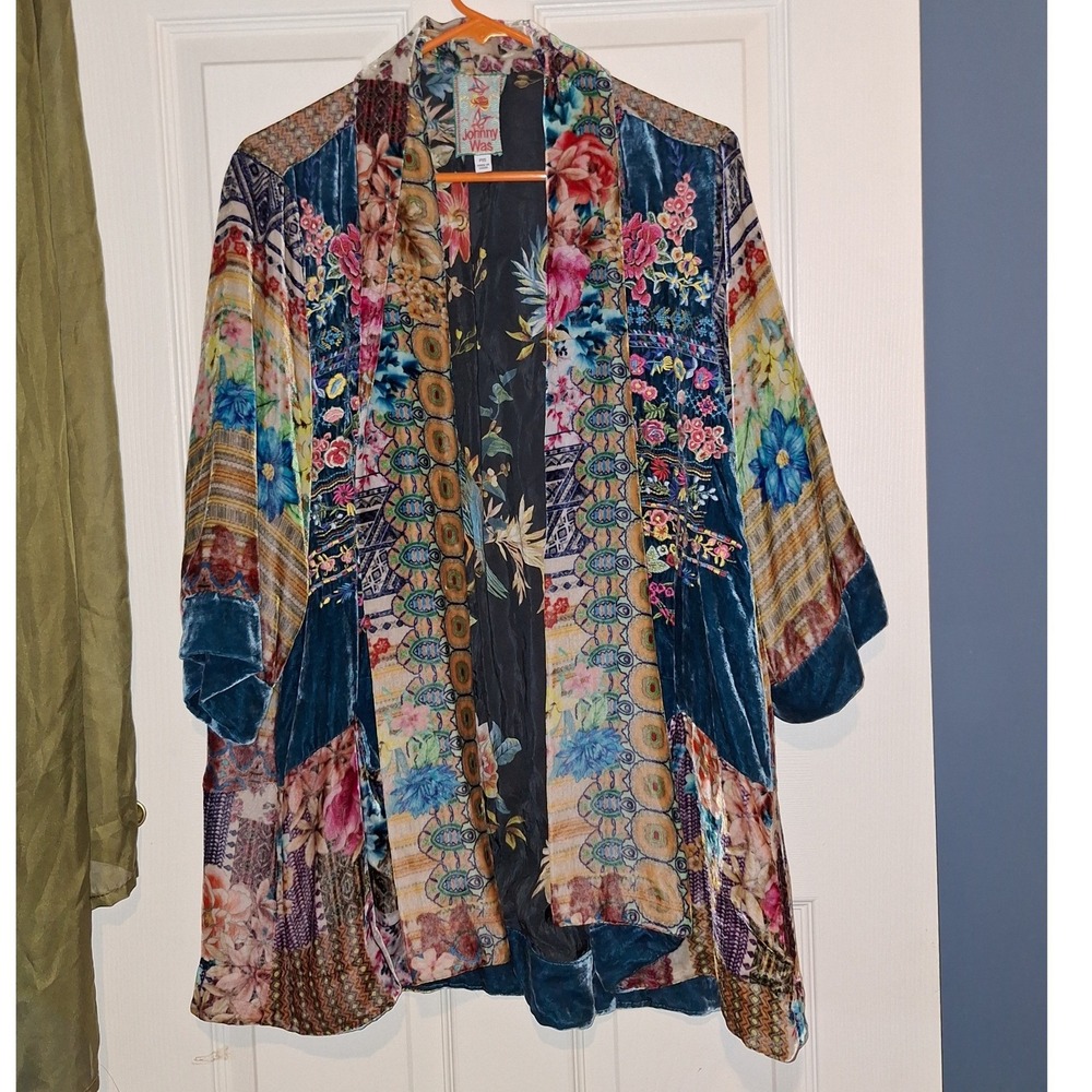 Johnny Was Velvet Silk Floral Patchwork Kimono Jacket C44618-8P Boho Cardigan XS